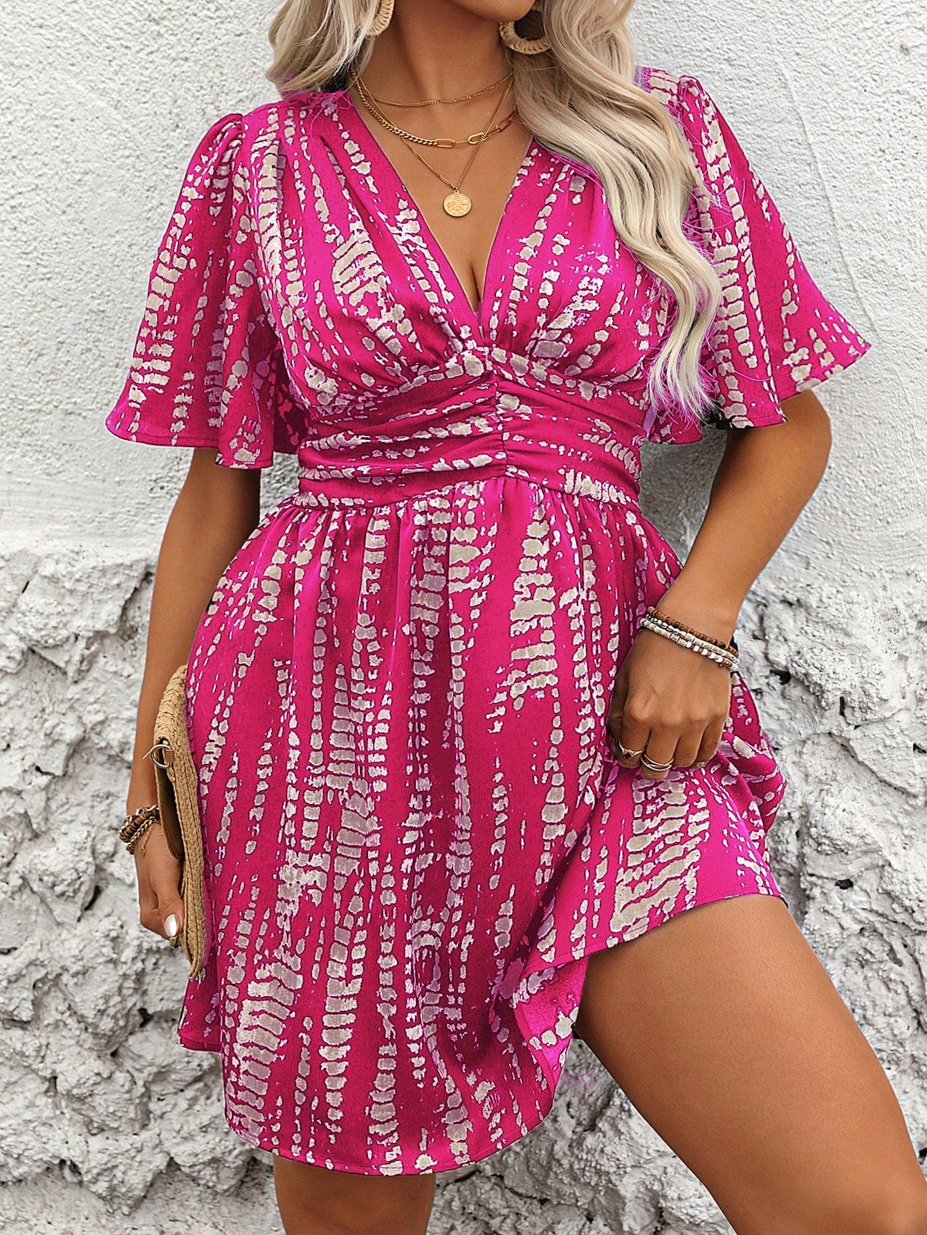 Plus Size Women Elegant Short Sleeve V-Neck Ruffle Hem Printed Dress For Summer