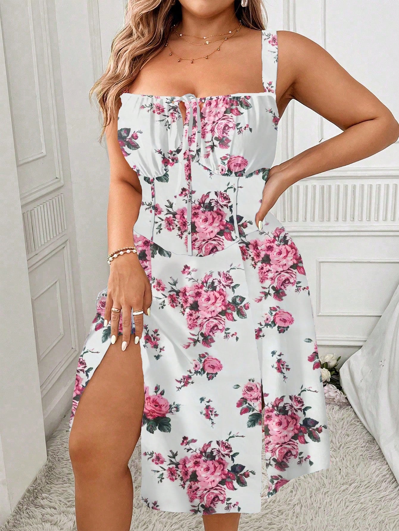 Frenchy Plus Floral Print Tie Front Cami Dress