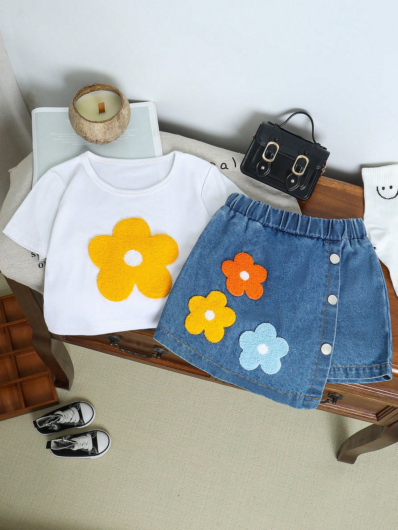 Young Girl Casual Vacation Embroidered Flower T-Shirt & Denim Skort 2pcs/Set