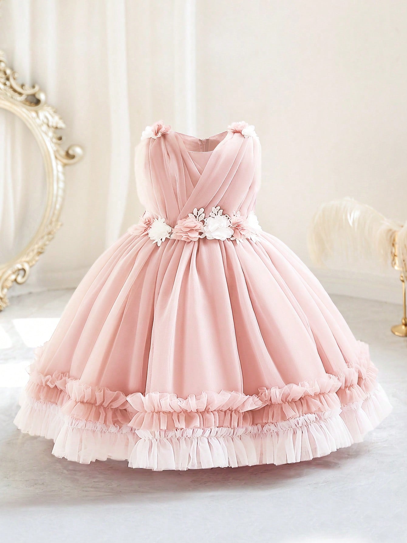 Young Girl Stereo Flower Contrast Mesh Ruffle Trim Gown Dress