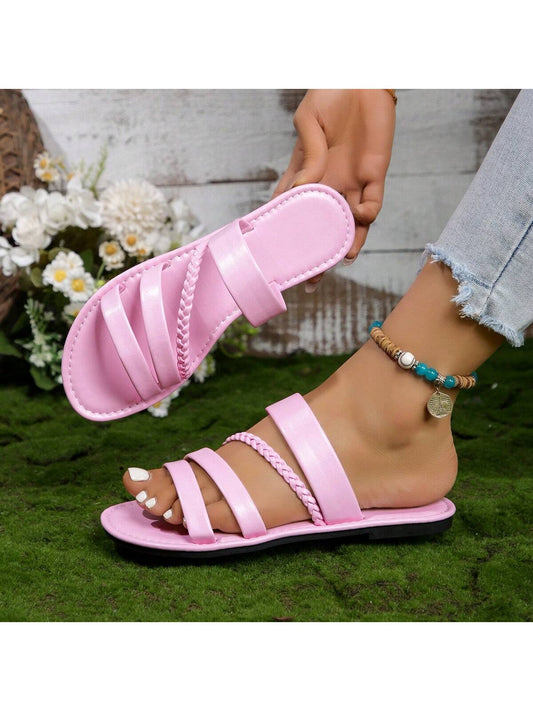 Women's Flat Sandals, Braided Straps Pink Slides, Perfect For Home Leisure And Beach Party