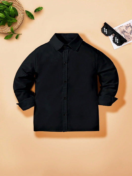 Boys' Classic College Style Pocket Patch Black Formal Dress Shirt, Long Sleeve For Casual Gatherings Or As A Ring Bearer