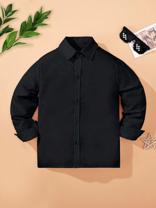 Young Boys' Classic College Style Casual Party Pocket Patch Black Formal Long Sleeve Dress Shirt