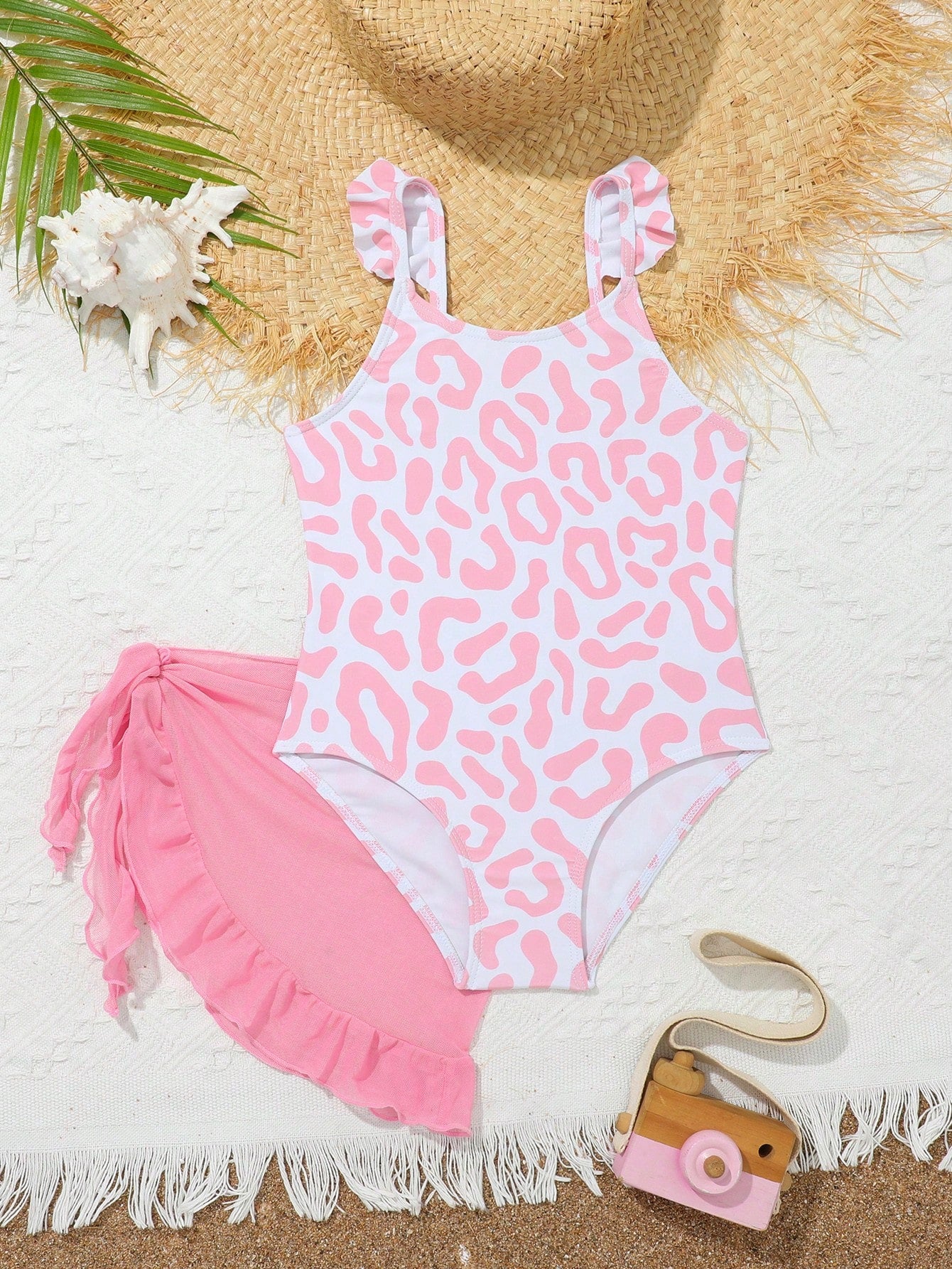 Young Girl Leopard Print Ruffle One-Piece Swimsuit And Tied Swim Skirt Set, Random Printed