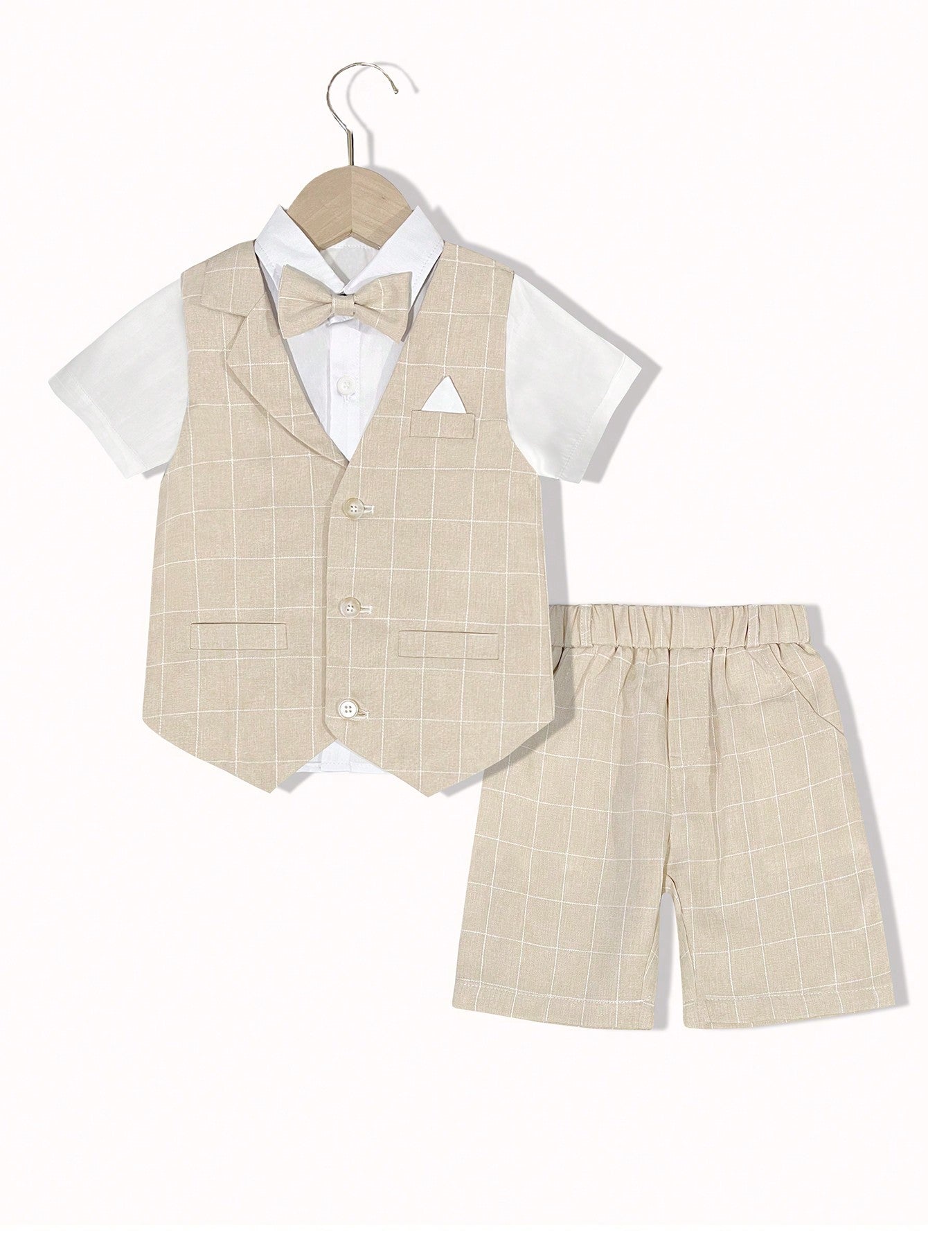 Young Boy New Summer Style Children's Performance Dress Suit, 3pcs Set: Vest & Shorts & Bow Tie, Suitable For Weddings, Pageants, And Formal Occasions