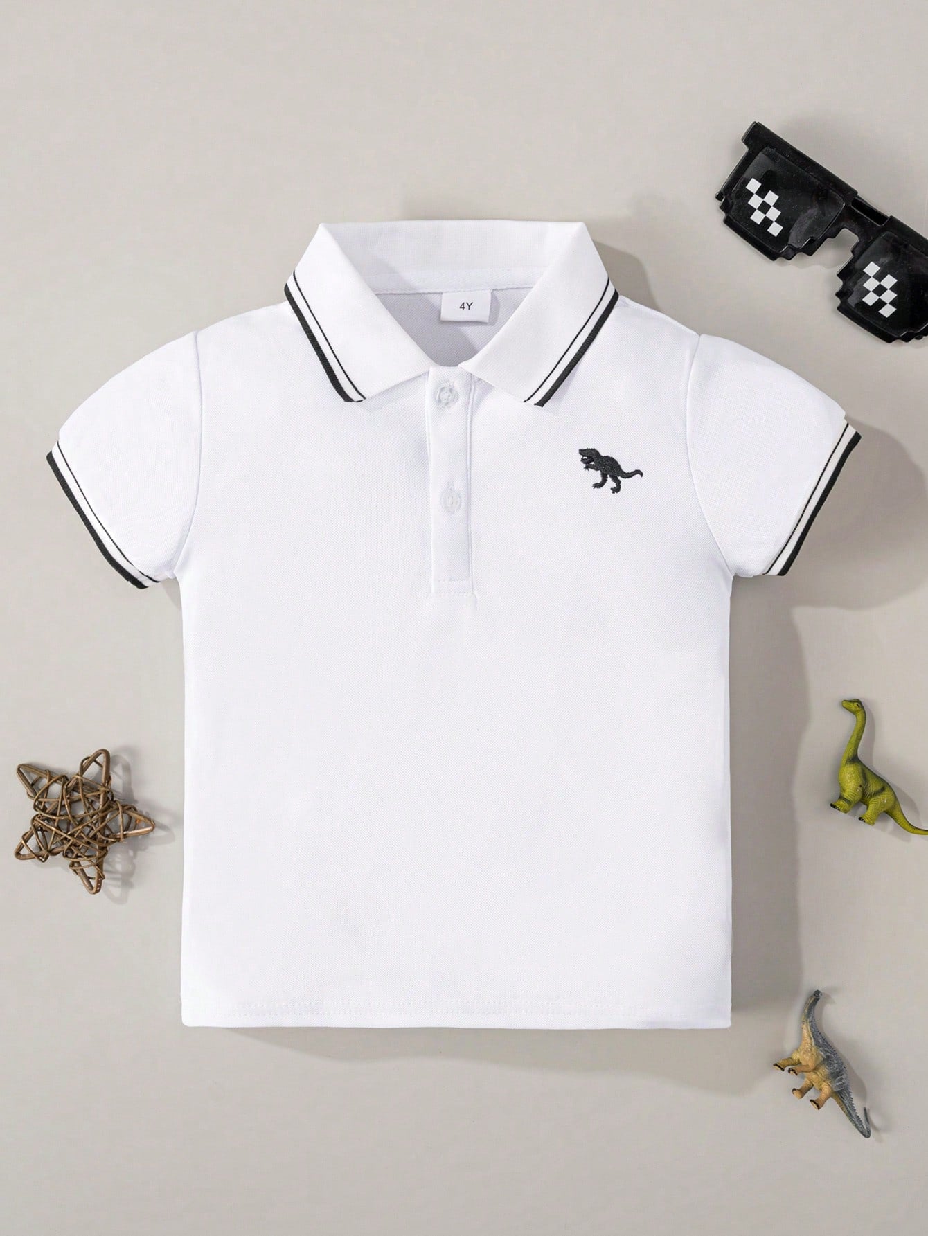 Young Boy's Knight Embroidery Black-Bordered Short Sleeve Polo Shirt