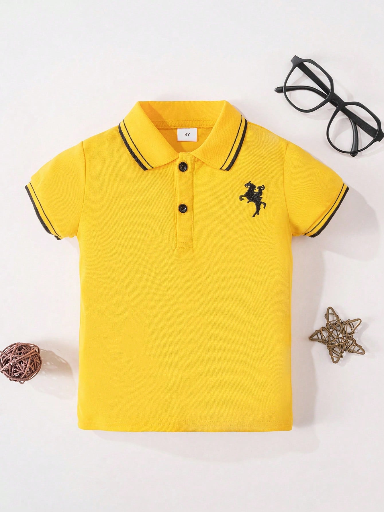 Young Boy's Knight Embroidery Black-Bordered Short Sleeve Polo Shirt