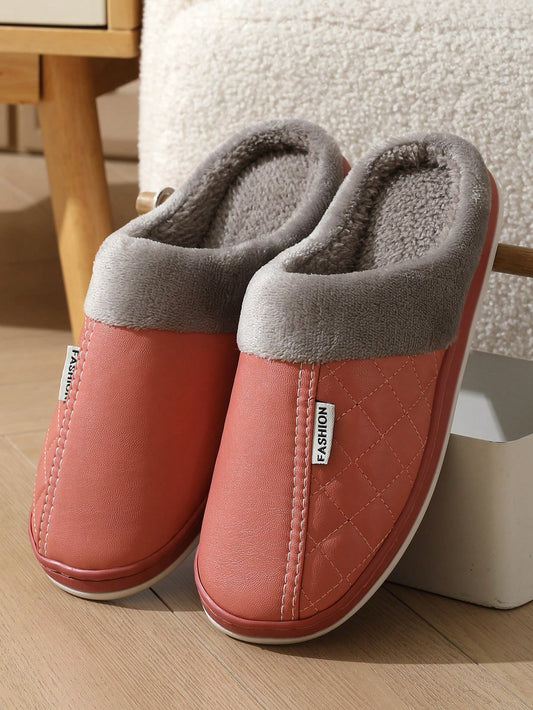 Winter PU Leather Home Slippers For Women & Couples, Waterproof & Warm Anti-Slip Indoor & Outdoor Thick-Soled Men's House Slippers