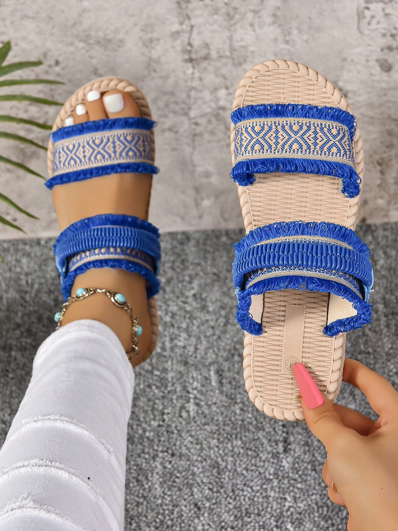 Women's Bohemian Style Beach Sandals, Pink Knitted Fringe Slip-On Flat Shoes With Elastic Back, Suitable For Travel And Vacation