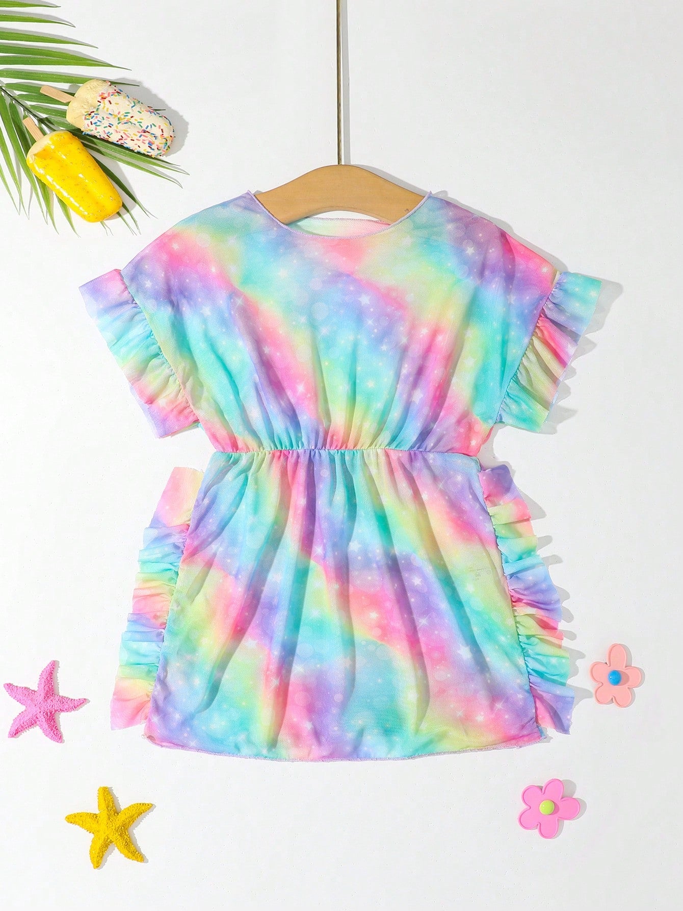 Young Girls' Summer Beach Printed Cover Up With Imitation Pearl And Ruffle Hem