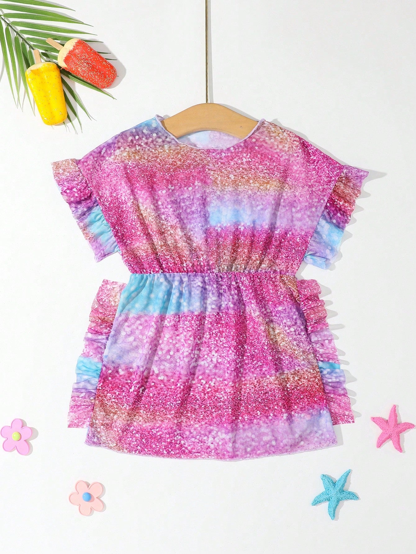 Young Girl Ombre Fish Scales Print Ruffle Trim Cover Up