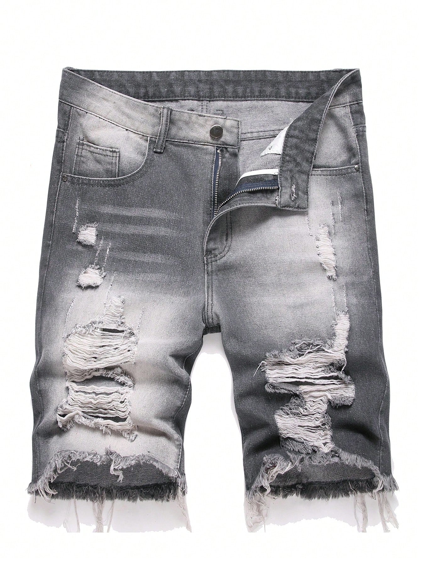 Men's Solid Color Frayed Denim Shorts With Pockets And Distressed Details, Summer