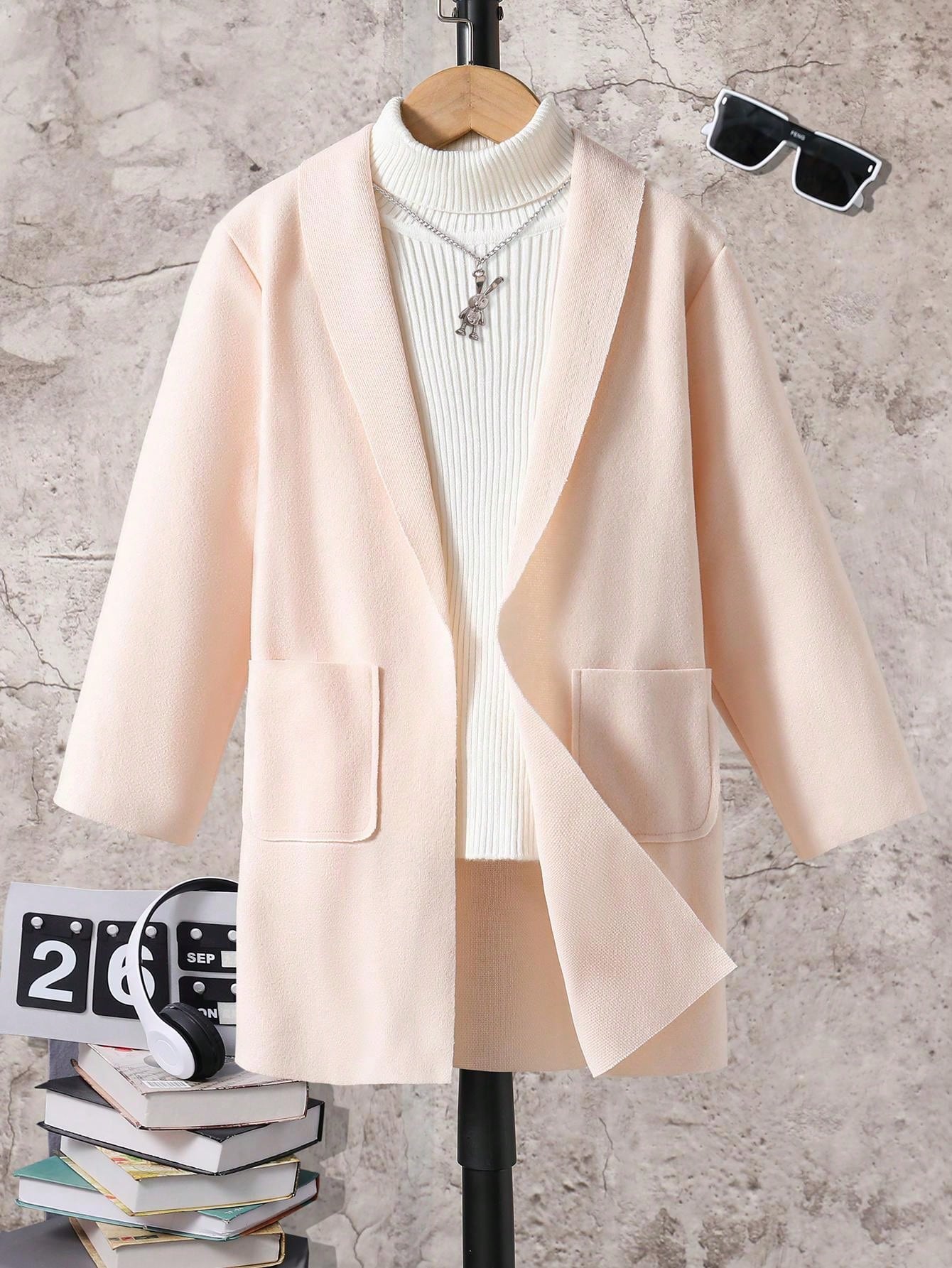 Young Boy Spring Single-Breasted Plain Fashionable Coat With Retro Turn-Down Collar, Casual Mid-Long Length Unisex Trench Coat Of Minimalist Style