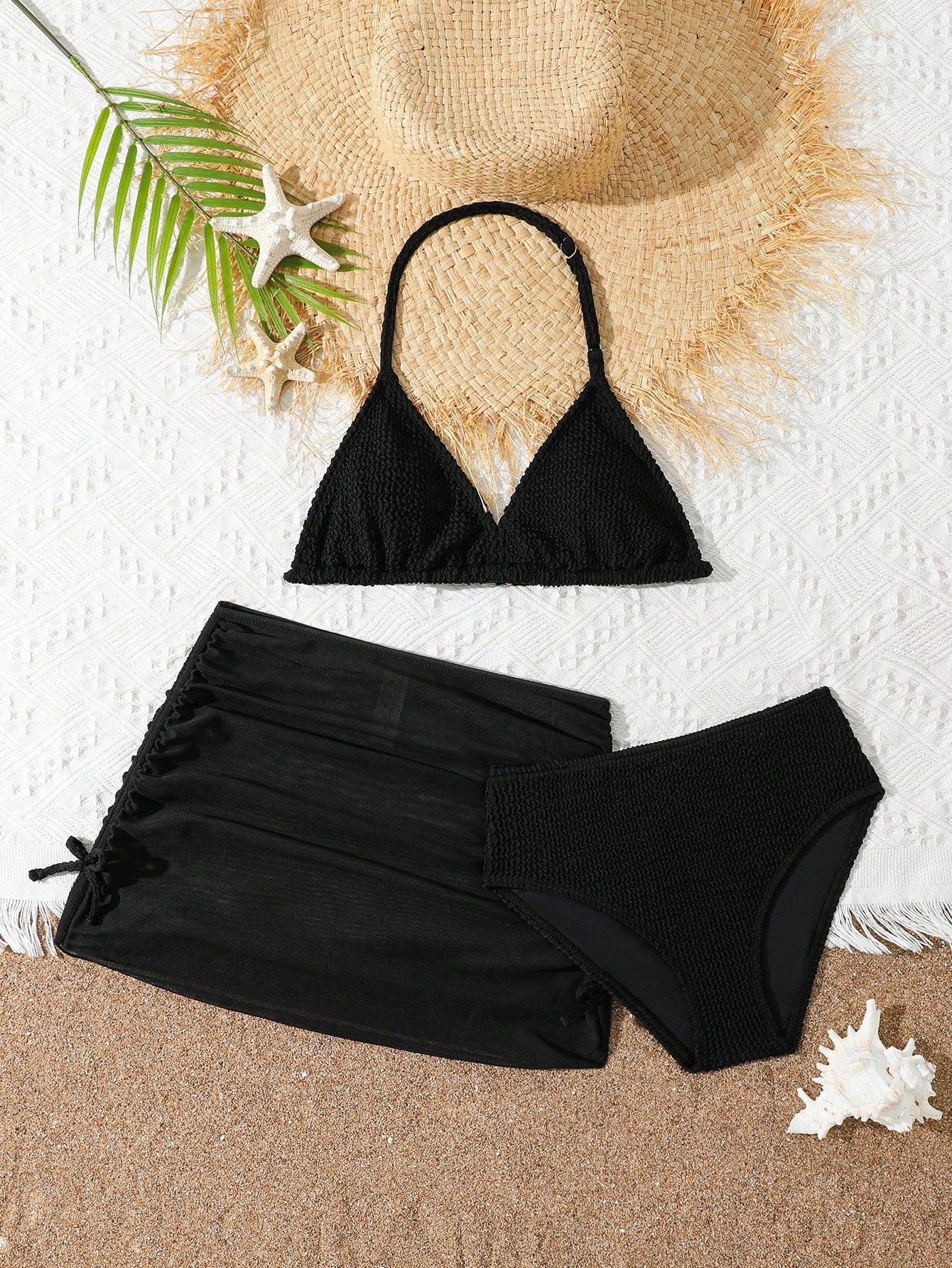 Tween Girl Bikini Sets Special Ribbed Fabric Black 3-Piece Bikini Set With Small Bow And Skirt, Fashionable, Casual, Delicate, Gorgeous, Elegant, Suitable For Swimming, Vacation And Summer Summer Beach