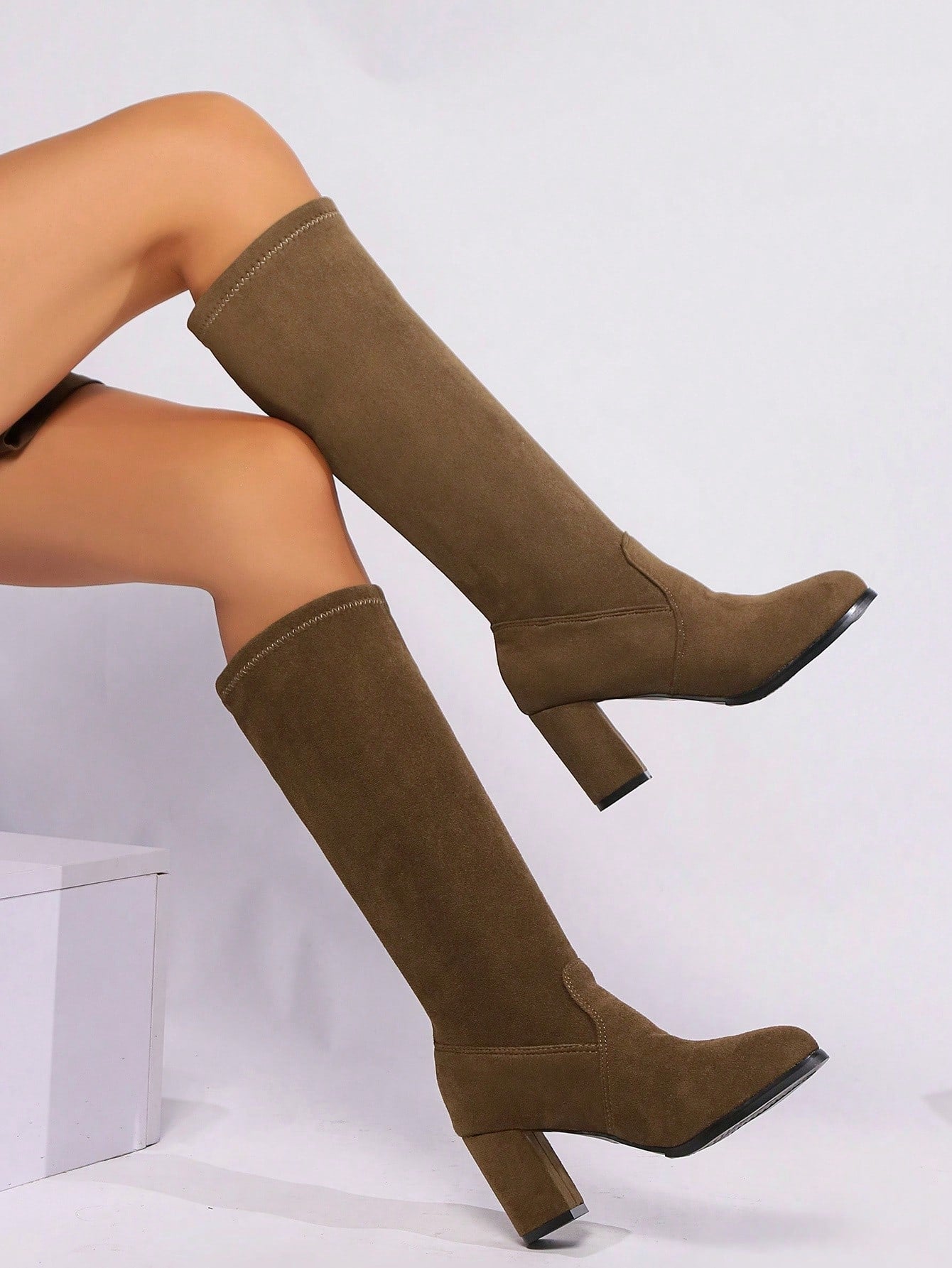 Women's Over-The-Knee Fashion Boots, Thick Heel, Winter 2024 New Design, Square Toe, Elastic Velvet High Boots