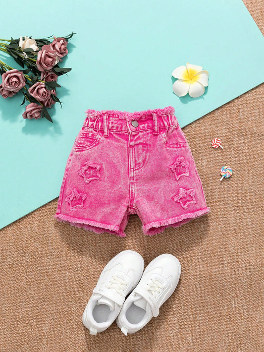 Streecool Kids Girls' Pink Five-Point Star Embroidered Frayed Hem Washed Denim Shorts