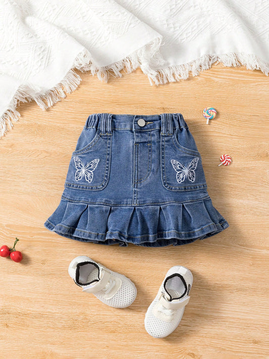 Streecool Kids Girls' Medium Wash Denim Skirt With Butterfly Embroidery And Pleats