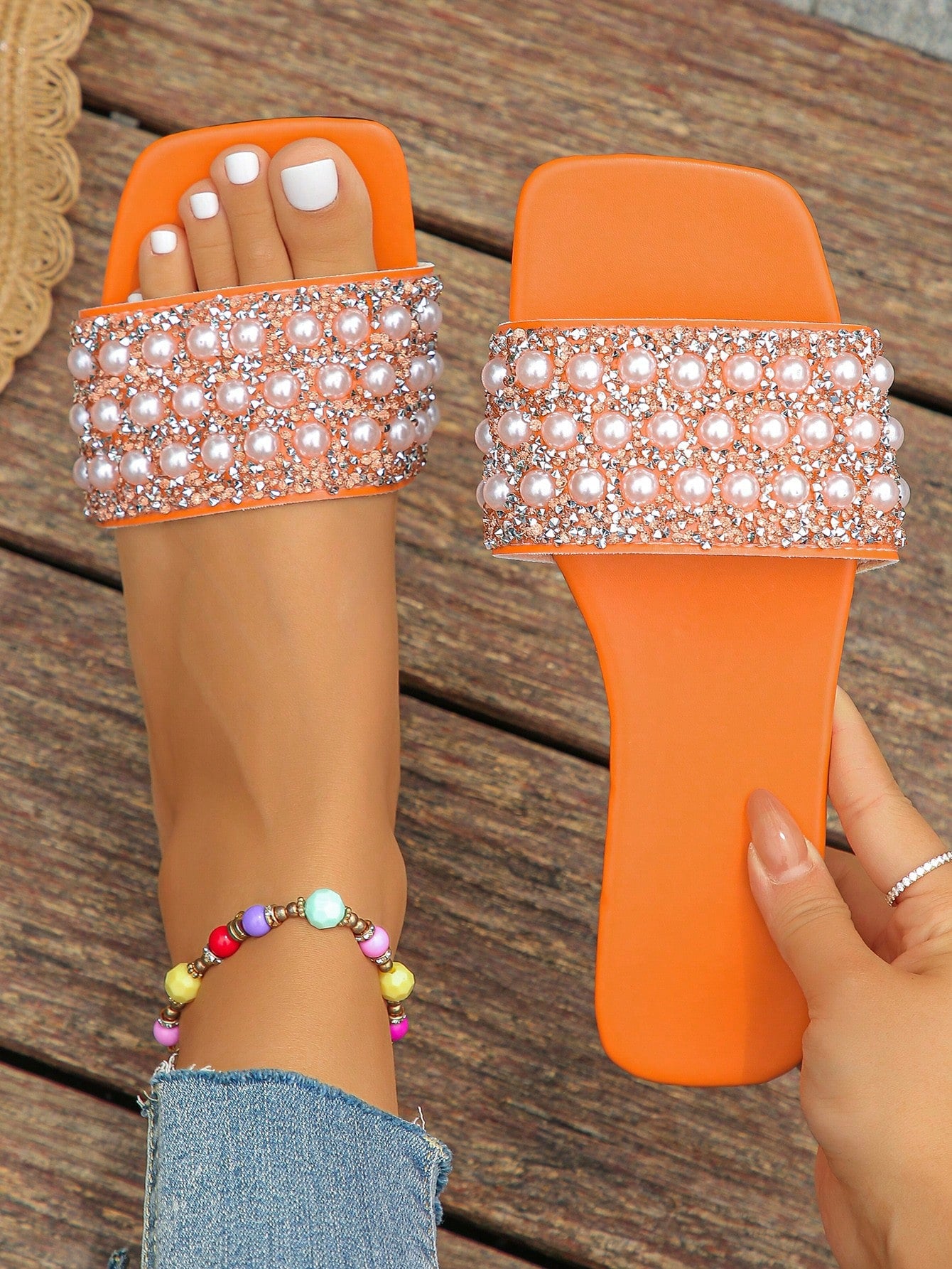 Women's Sweet Rhinestone Flat Slippers, New Summer Simple Fashionable Comfortable Slides Open-Toe French Style Slip-On Shoes For Women