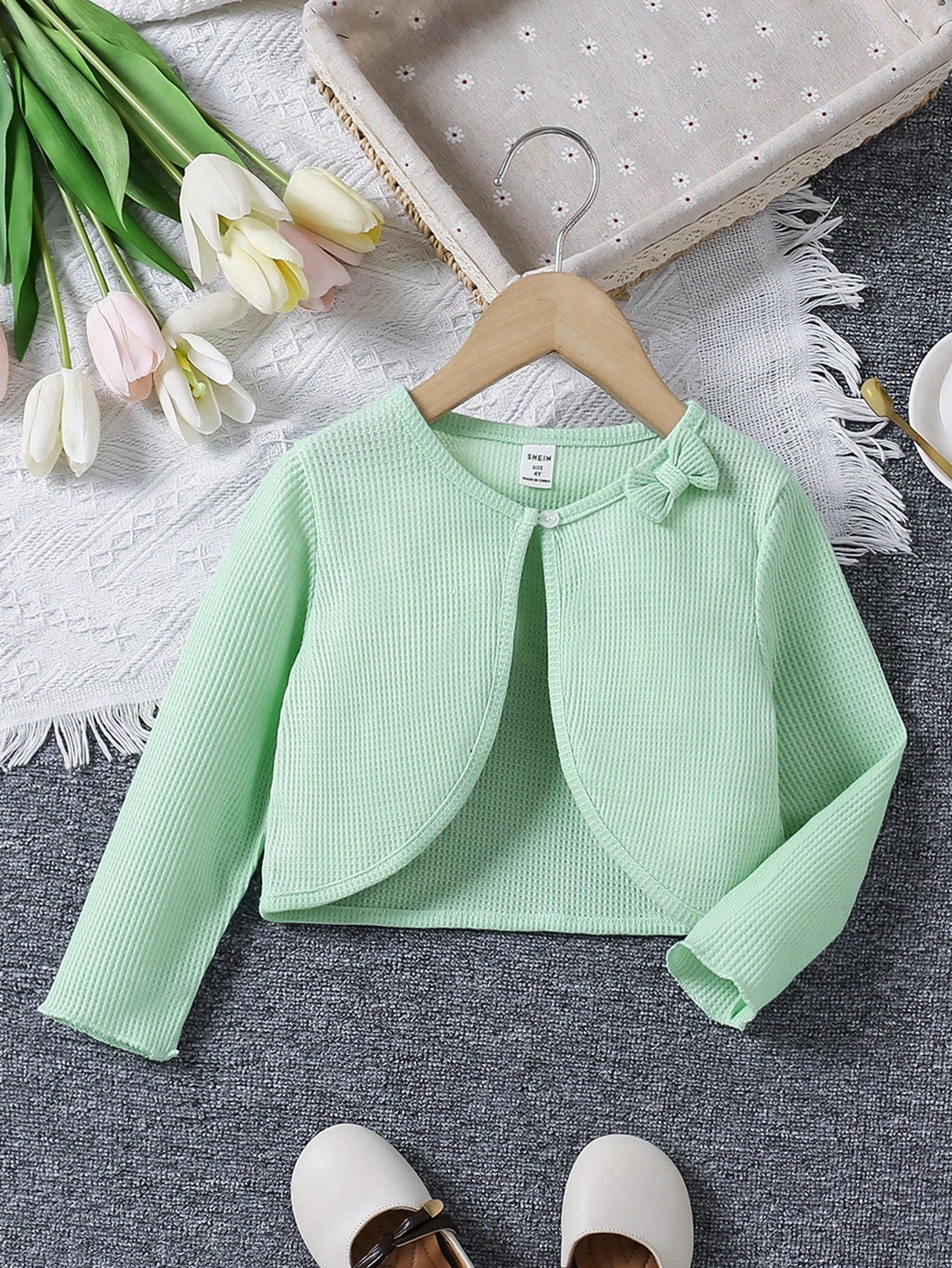 Young Girls' Summer New Solid Color Short Jacket With Bow Decoration, Long Sleeve