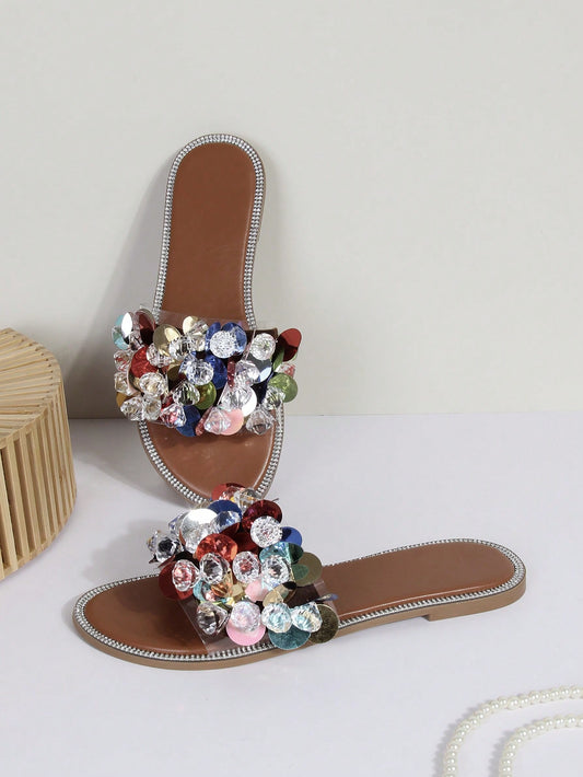 2024 New Arrival Flat Round Toe Transparent Upper Heavy-Duty Handmade Beaded Rhinestone Colorful Glitter Flower Mocha-Colored TPR Sole -Friendly Material High-End Design Travel Beach Casual Sandals