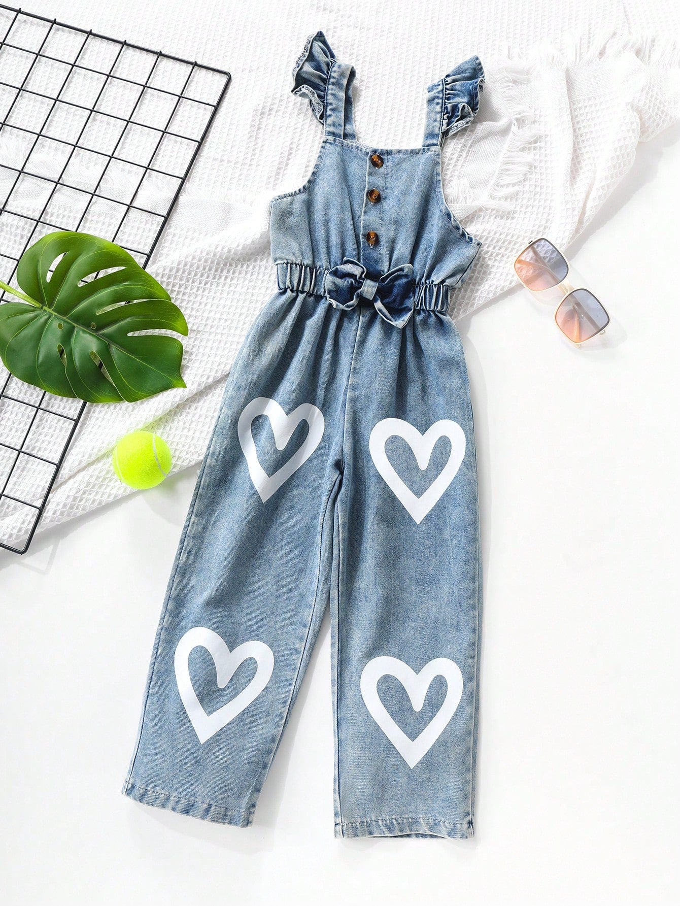 Young Girl Fashionable Summer Denim Suspenders Jumpsuit Set With Heart-Shaped Pants