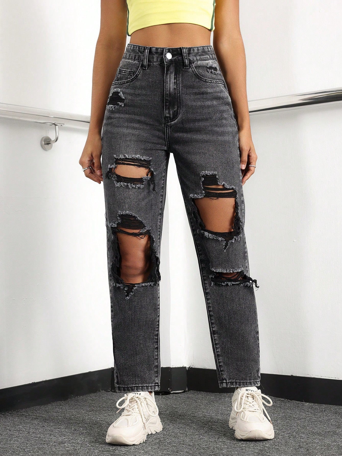 High Waist Ripped Cut Out Jeans