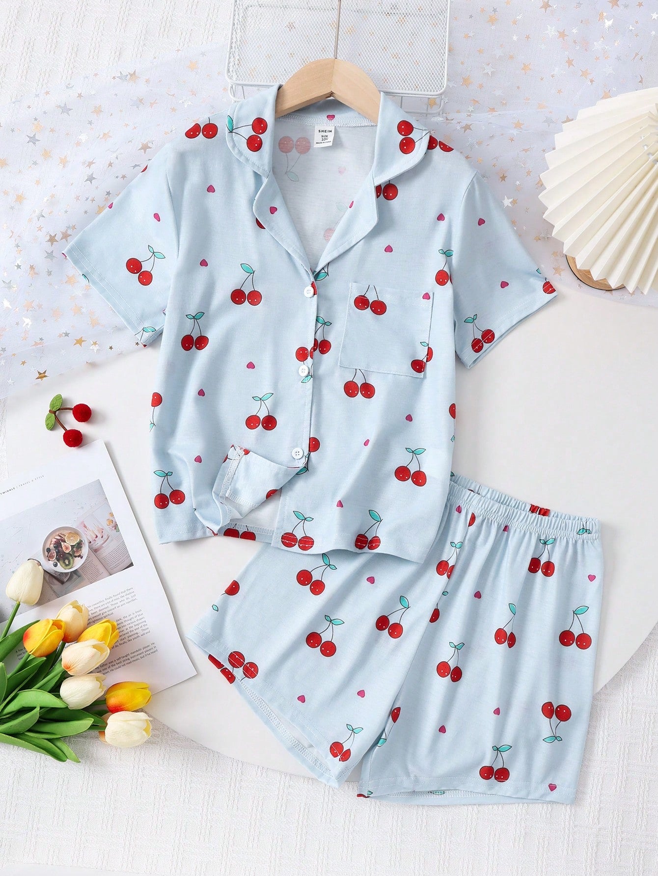 Tween Girl Cherry Print Short Sleeve Cardigan And Shorts 2pcs Pajama Set, Casual Sleepwear