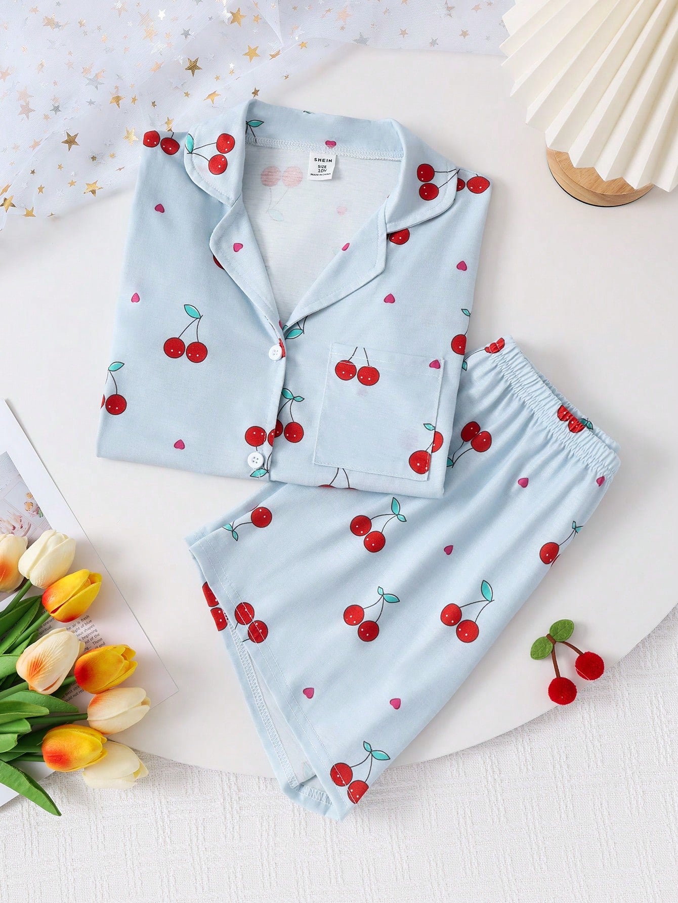 Tween Girl Cherry Print Short Sleeve Cardigan And Shorts Casual 2pcs/Set Homewear