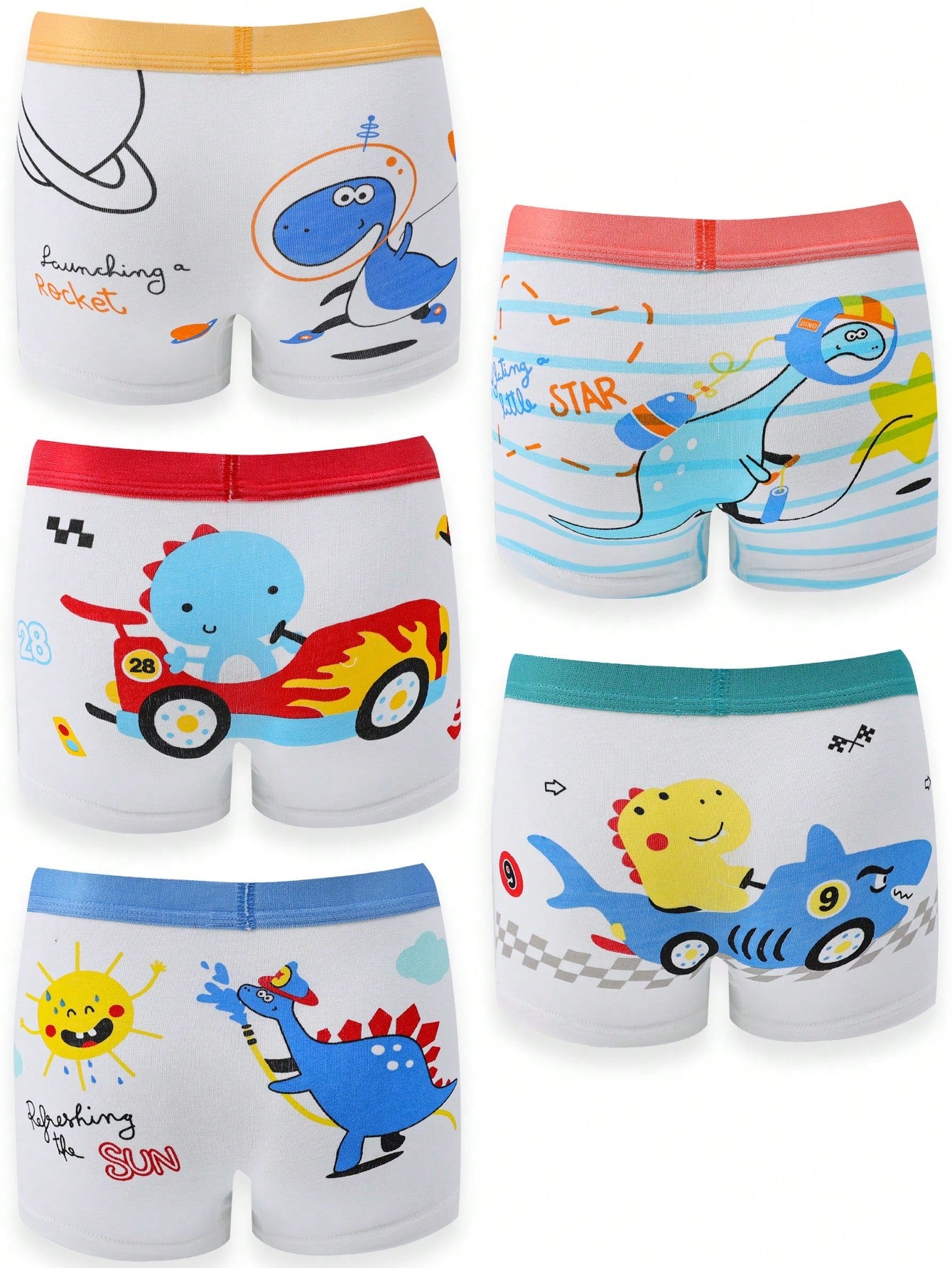 5pcs Young Boys' Cartoon Dinosaur Printed Boxer Briefs