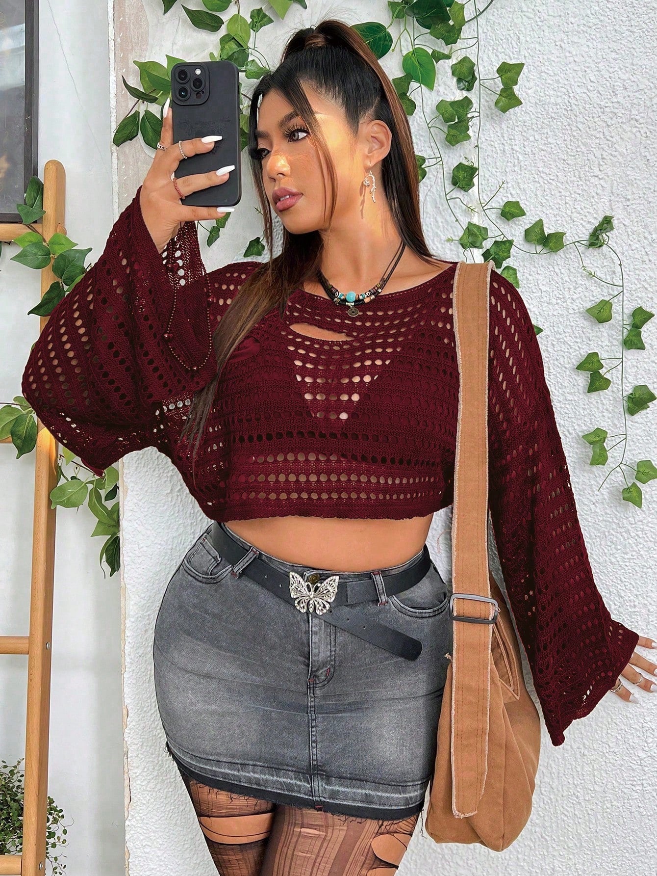 PUNK Plus Size Holiday Solid Color Hollow Out Knitted Cropped Sweater With Flared Sleeves