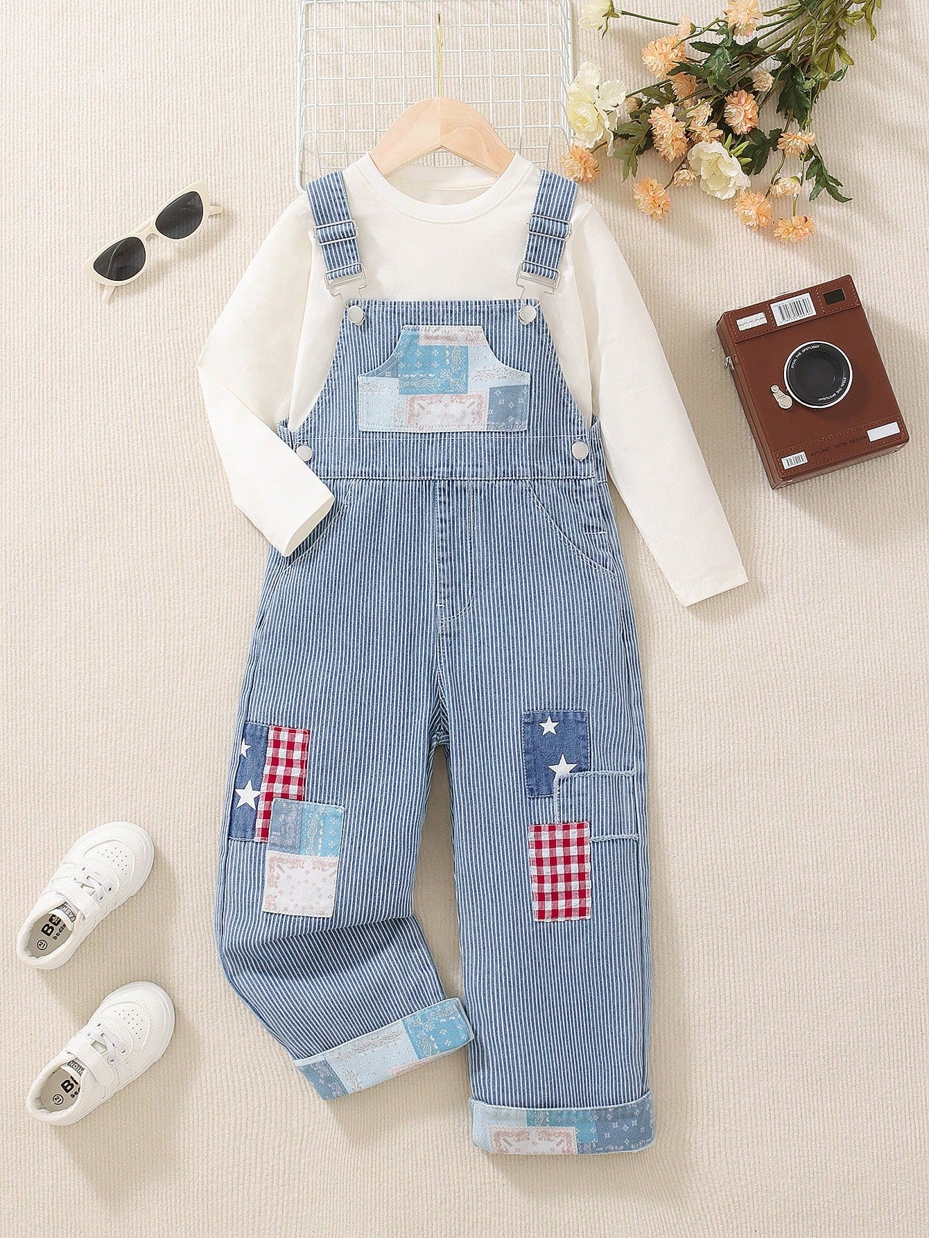 Vintage Patchwork Overalls Jumpsuit For Kids, Denim Suspender Pants