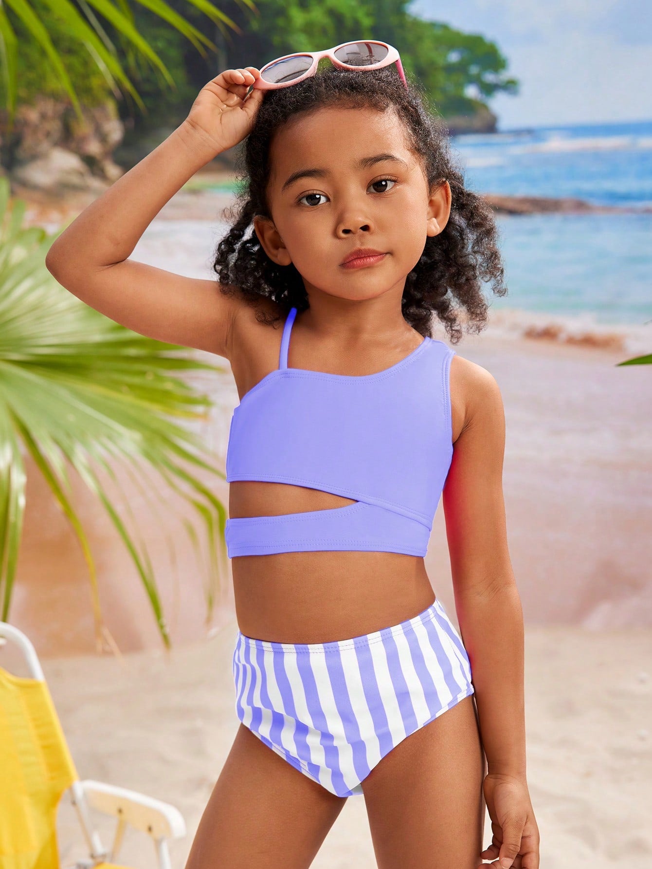 Young Girl Cute Striped Asymmetric Collar Sleeveless Swimsuit Set