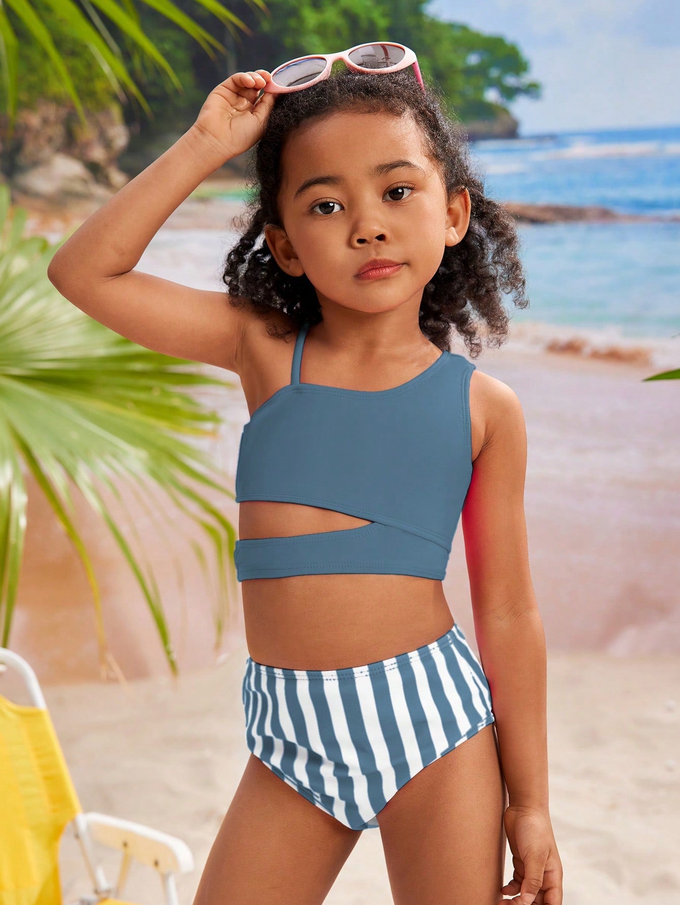 Young Girl Cute Striped Asymmetric Collar Sleeveless Swimsuit Set