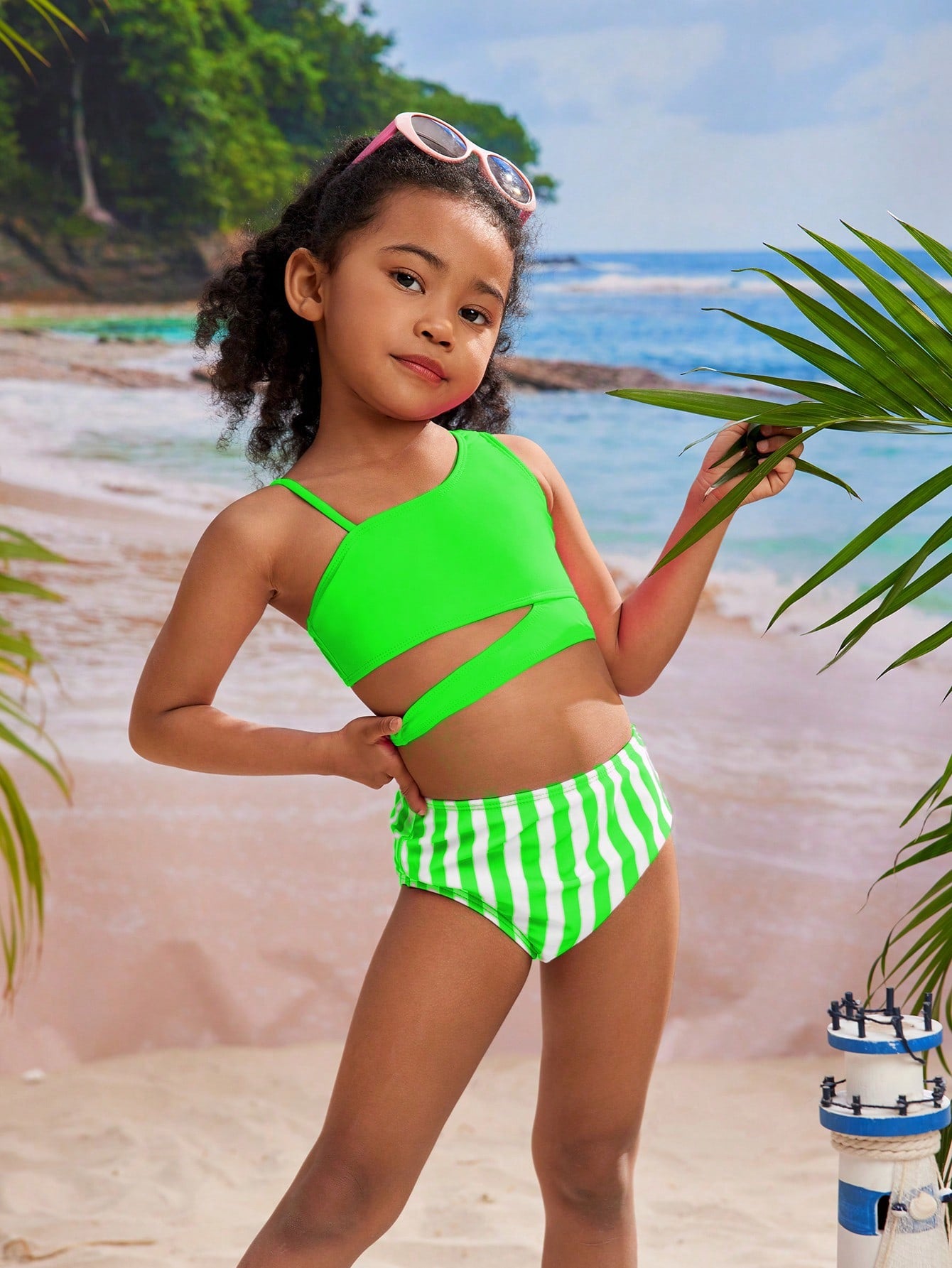 Young Girl Cute Striped Asymmetric Collar Sleeveless Swimsuit Set