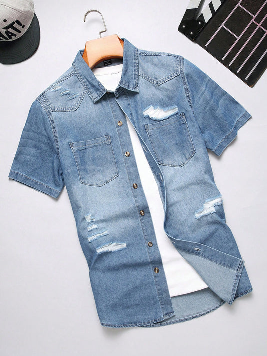 Men Ripped Pocket Patched Denim Shirt Without Tee