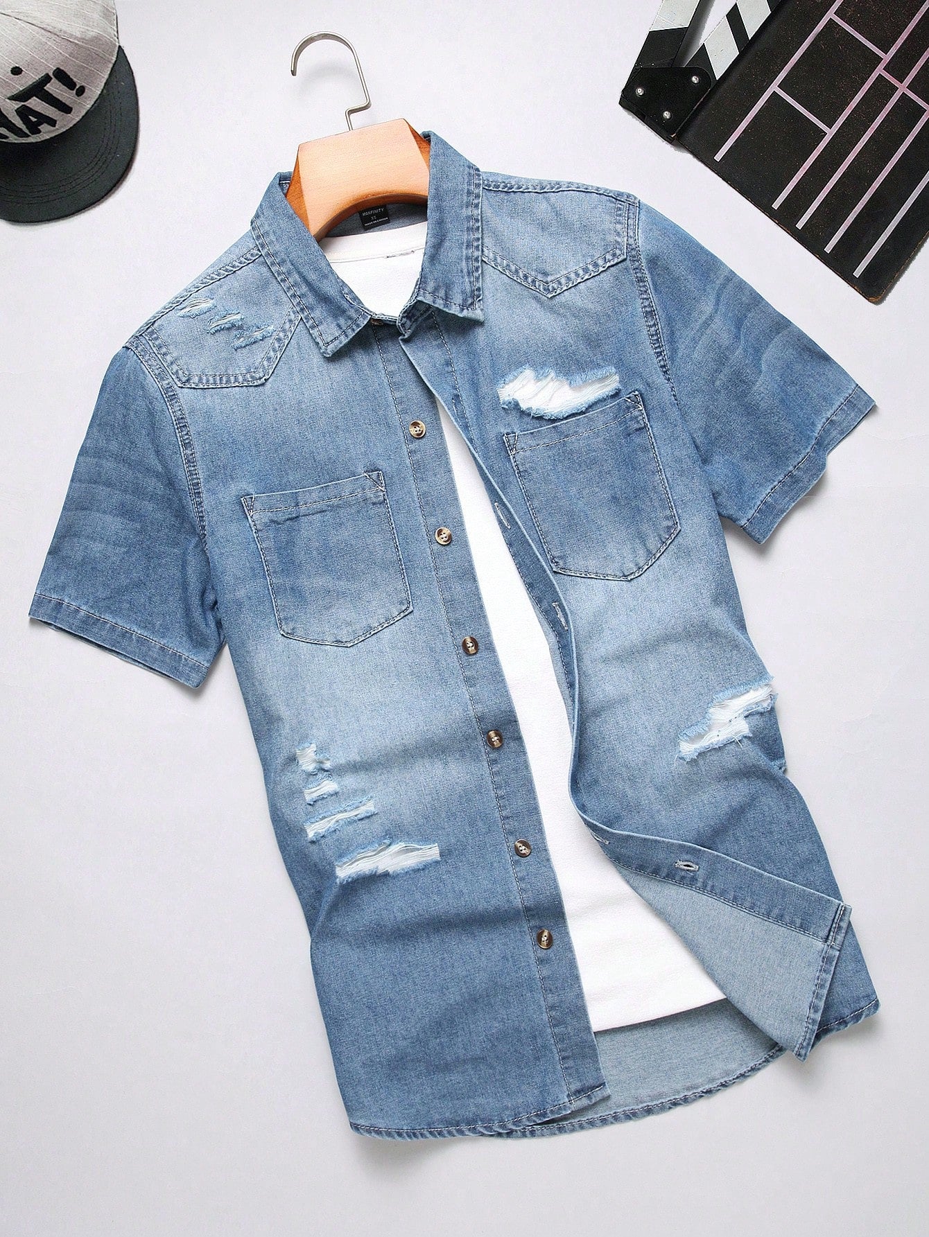 Men Ripped Denim Shirt Without Tee