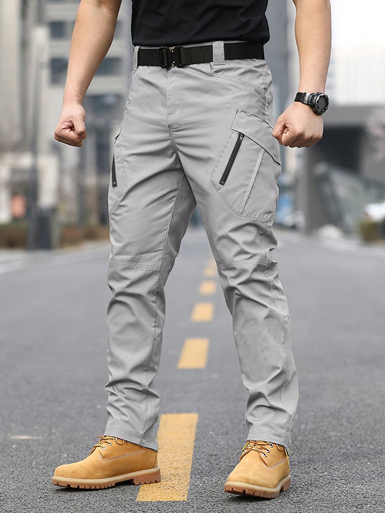 Men's Solid Color Drawstring Waist Zipper Pocket Elastic Cuff Casual Pants Tapered Long Cargo Plain Going Out