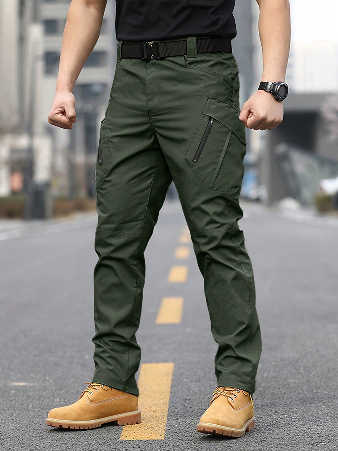 Men's Solid Color Drawstring Waist Zipper Pocket Elastic Cuff Casual Pants Tapered Long Cargo Plain Going Out