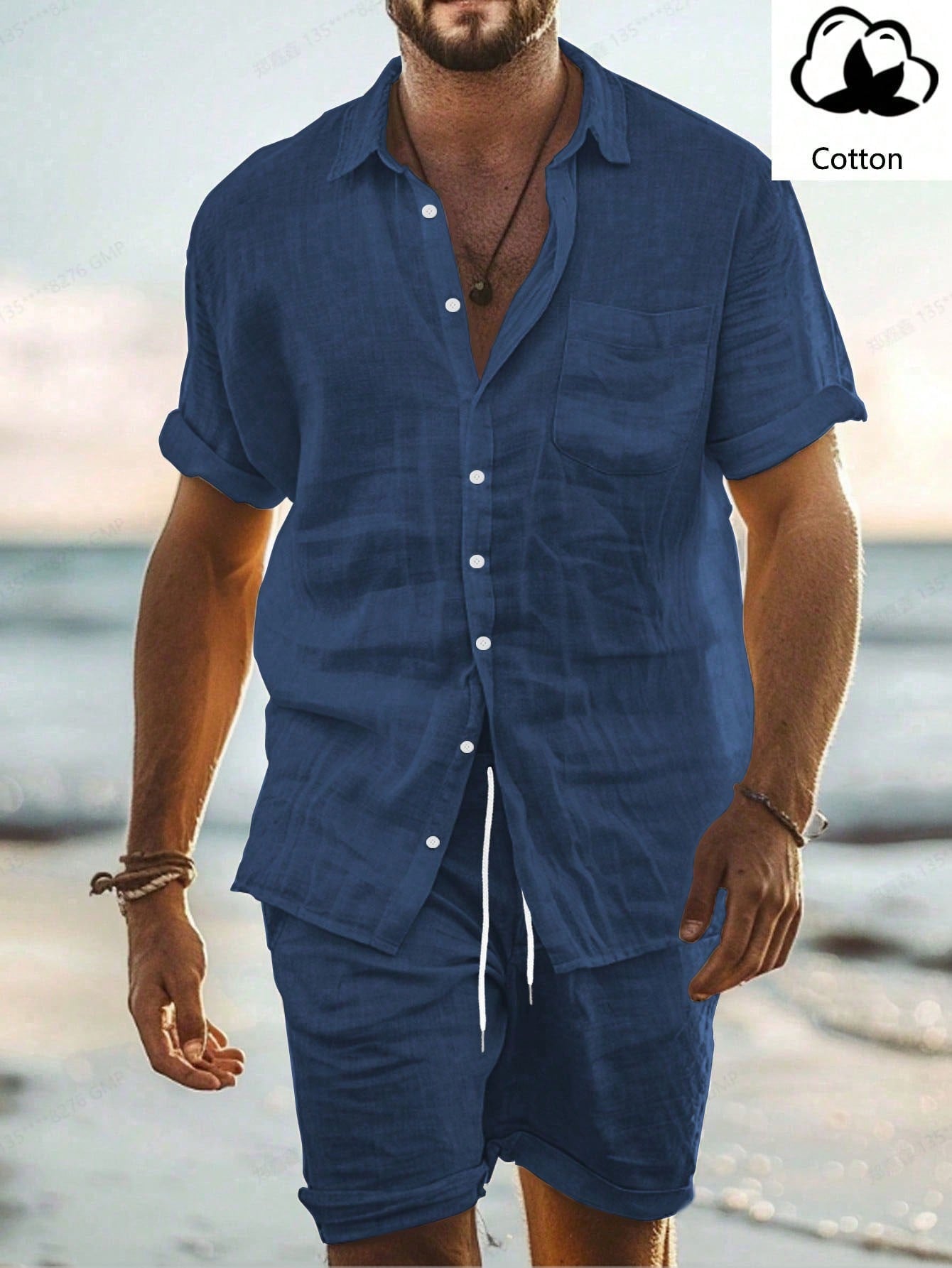 Men's Vacation Casual Mandarin Collar Cotton Linen Shirt Set