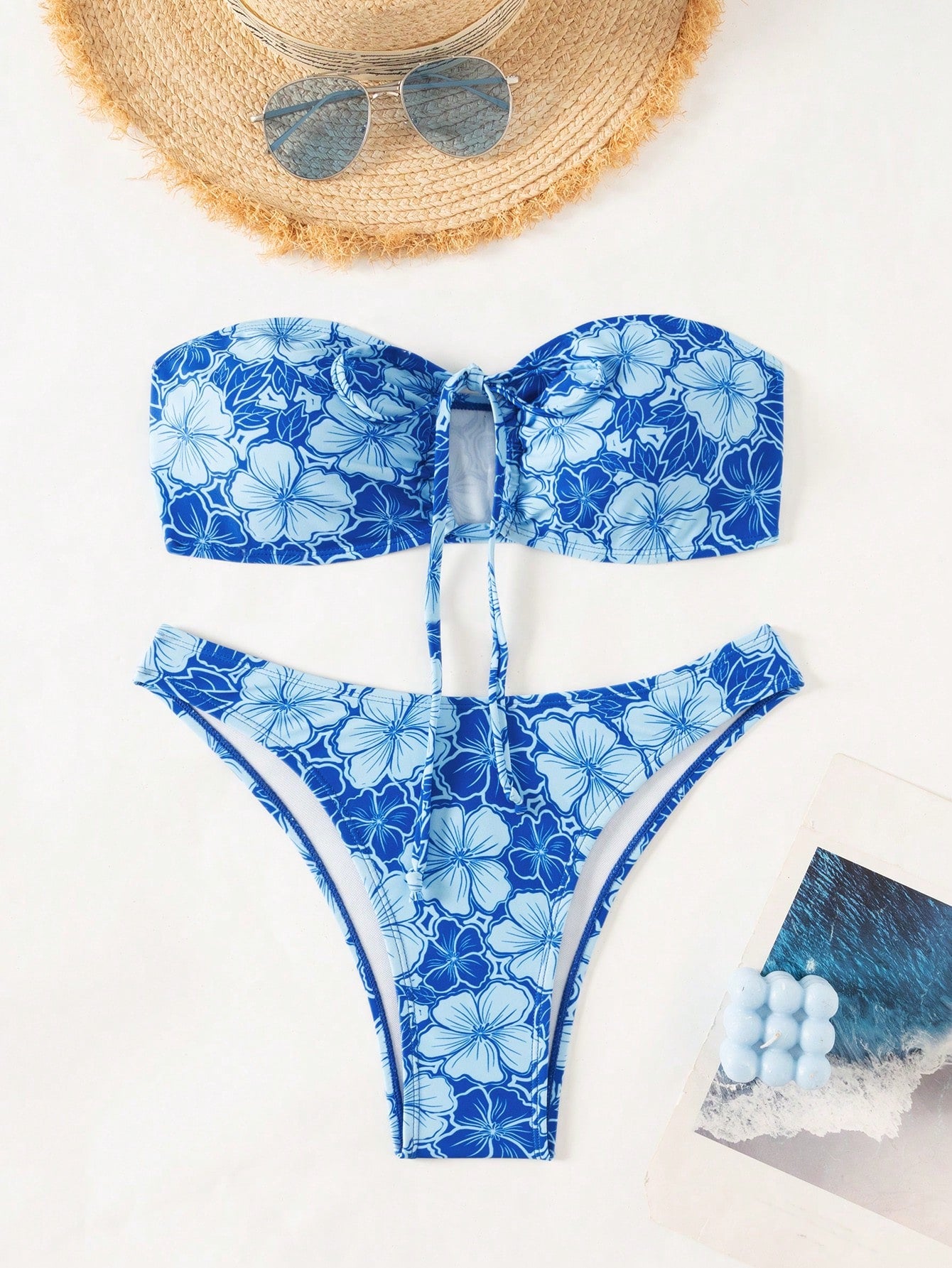 Swim Flower Print Strapless Bikini Set, Summer Beach