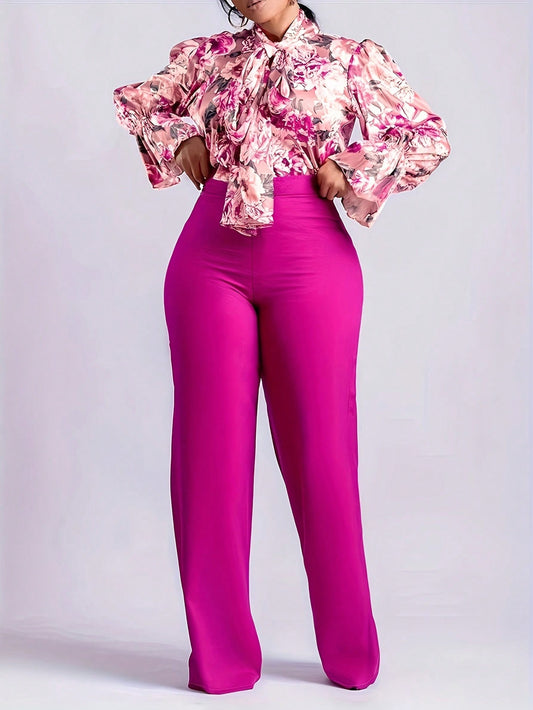 Plus Size Elegant Floral Print Bell Sleeve Shirt And Solid Color Pants 2pcs/Set, Spring/Summer