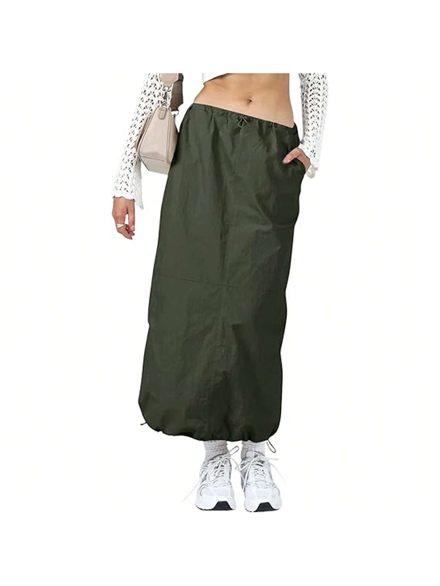 BZB Women Cargo Long Skirts Low Waist Drawstring Baggy Maxi Skirt Y2K Vintage Harajuku Streetwear