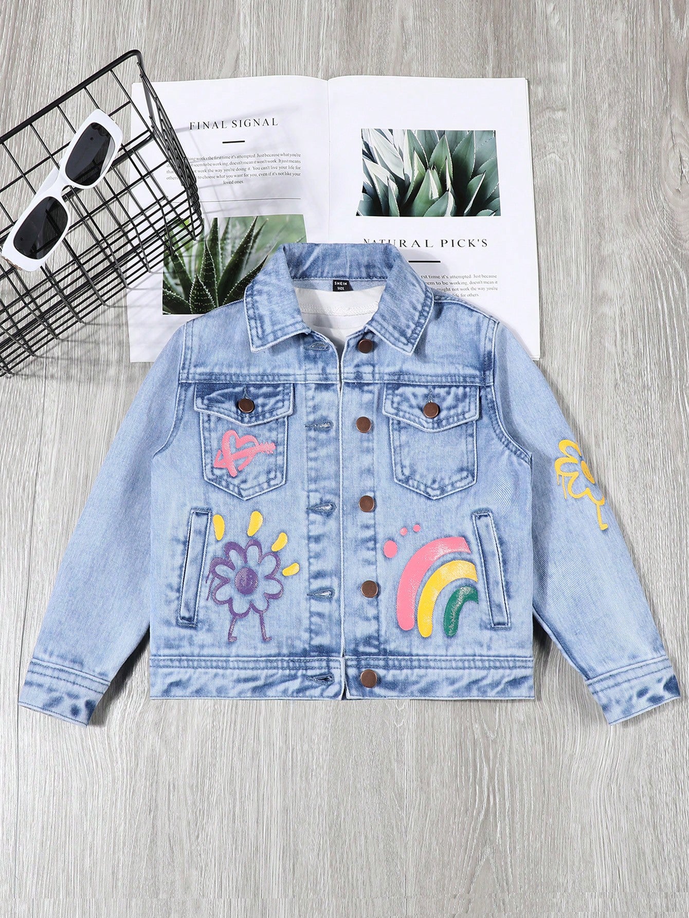 Young Girl Rainbow Printed Denim Jacket With Button-Front Closure And Long Sleeves