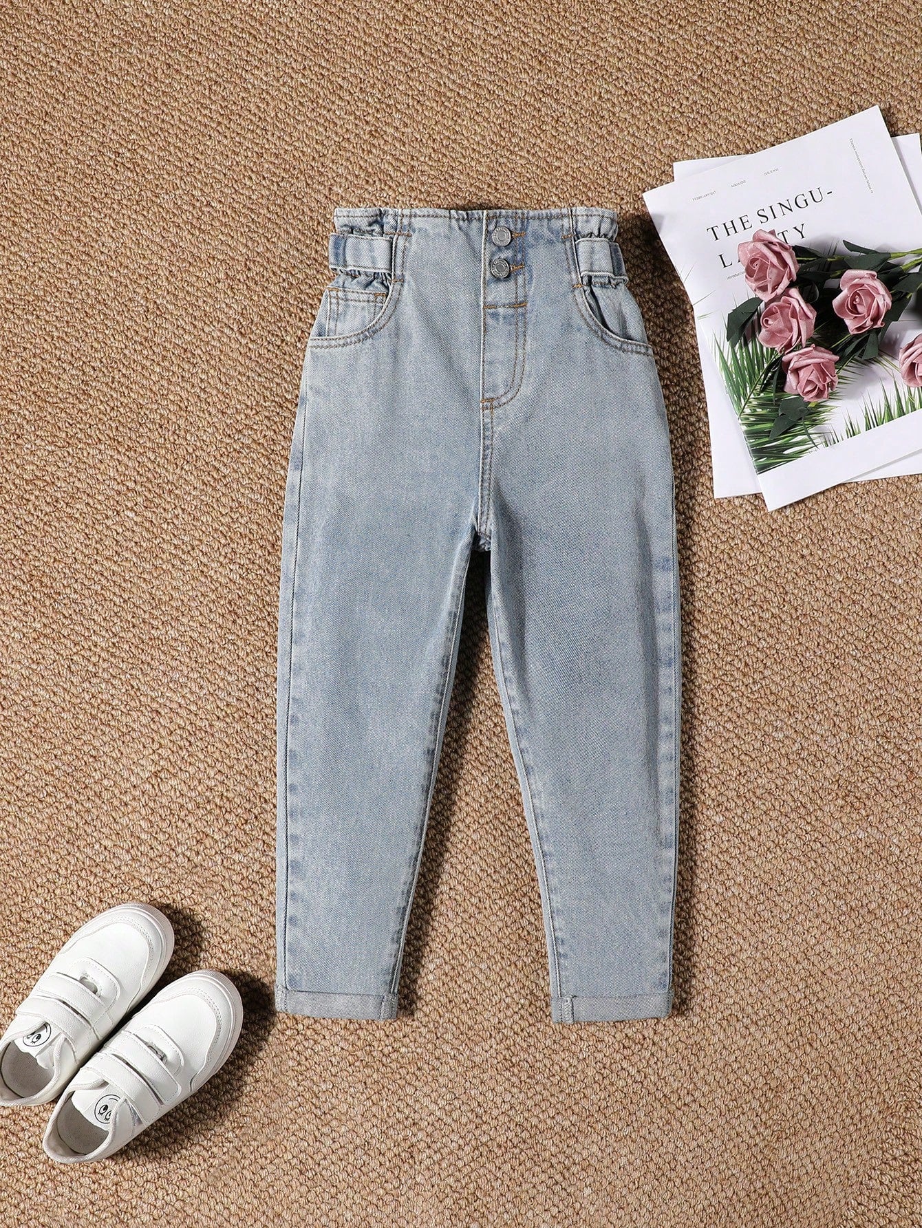 Young Girl All-Match Floral Waist Denim Jeans For School And Fashion