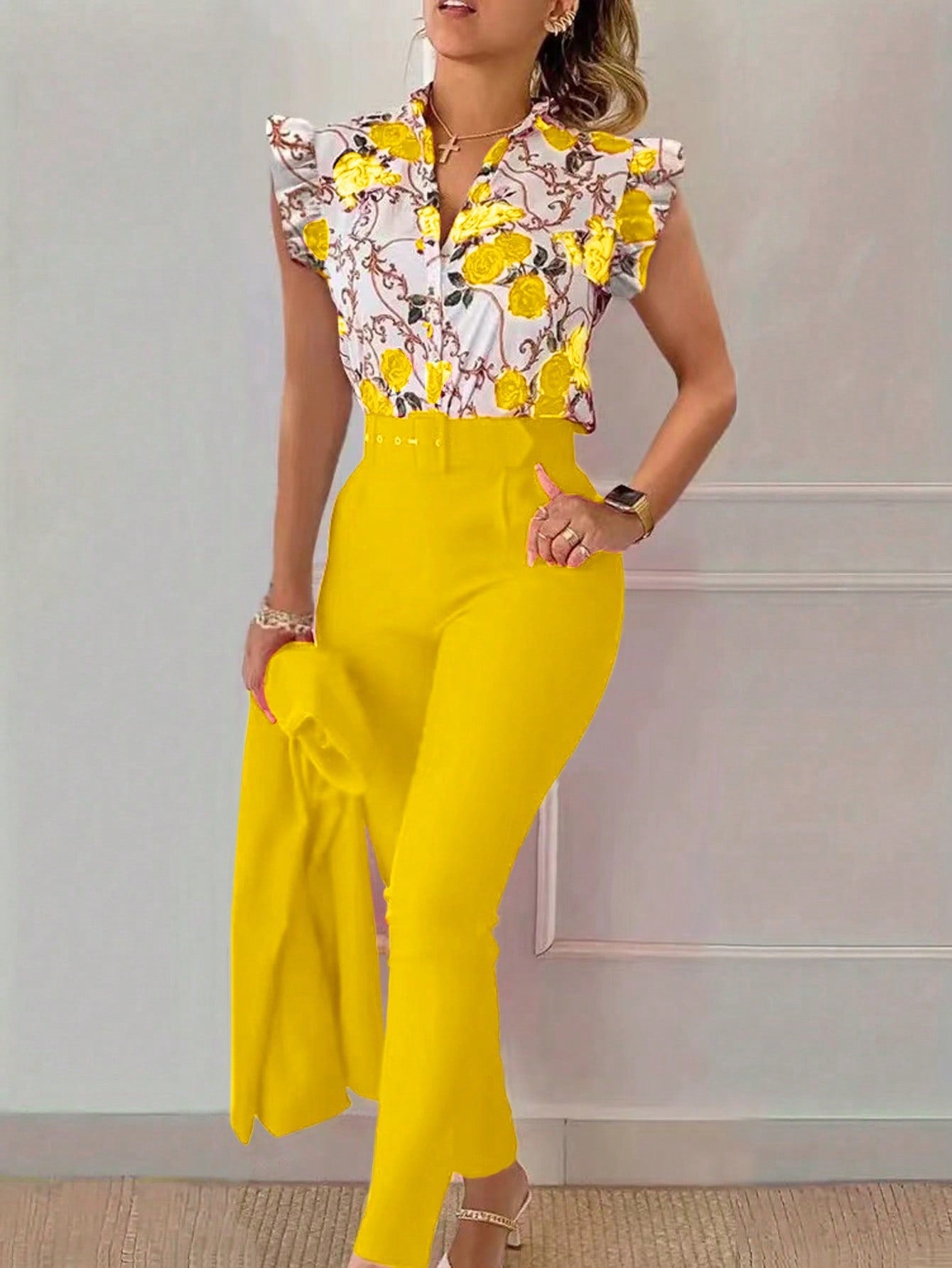 Women's Summer Elegant Floral Print Short Sleeve Shirt And Pants Set