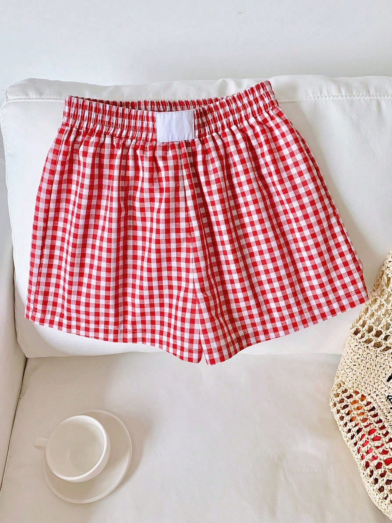 Plus Size Women's Loose Check Pattern Elastic Waistband Shorts