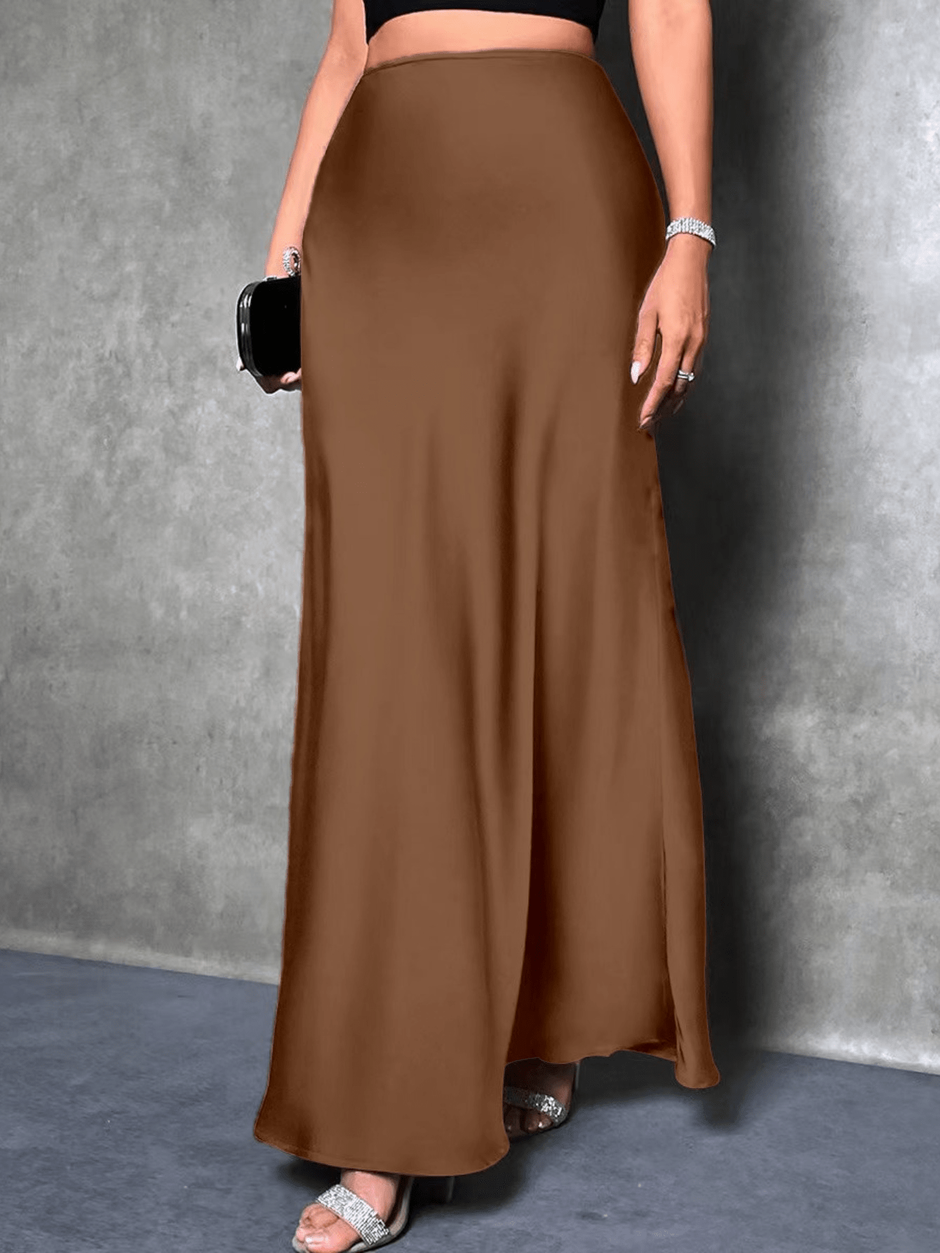 High Waist Solid Maxi Satin Skirt