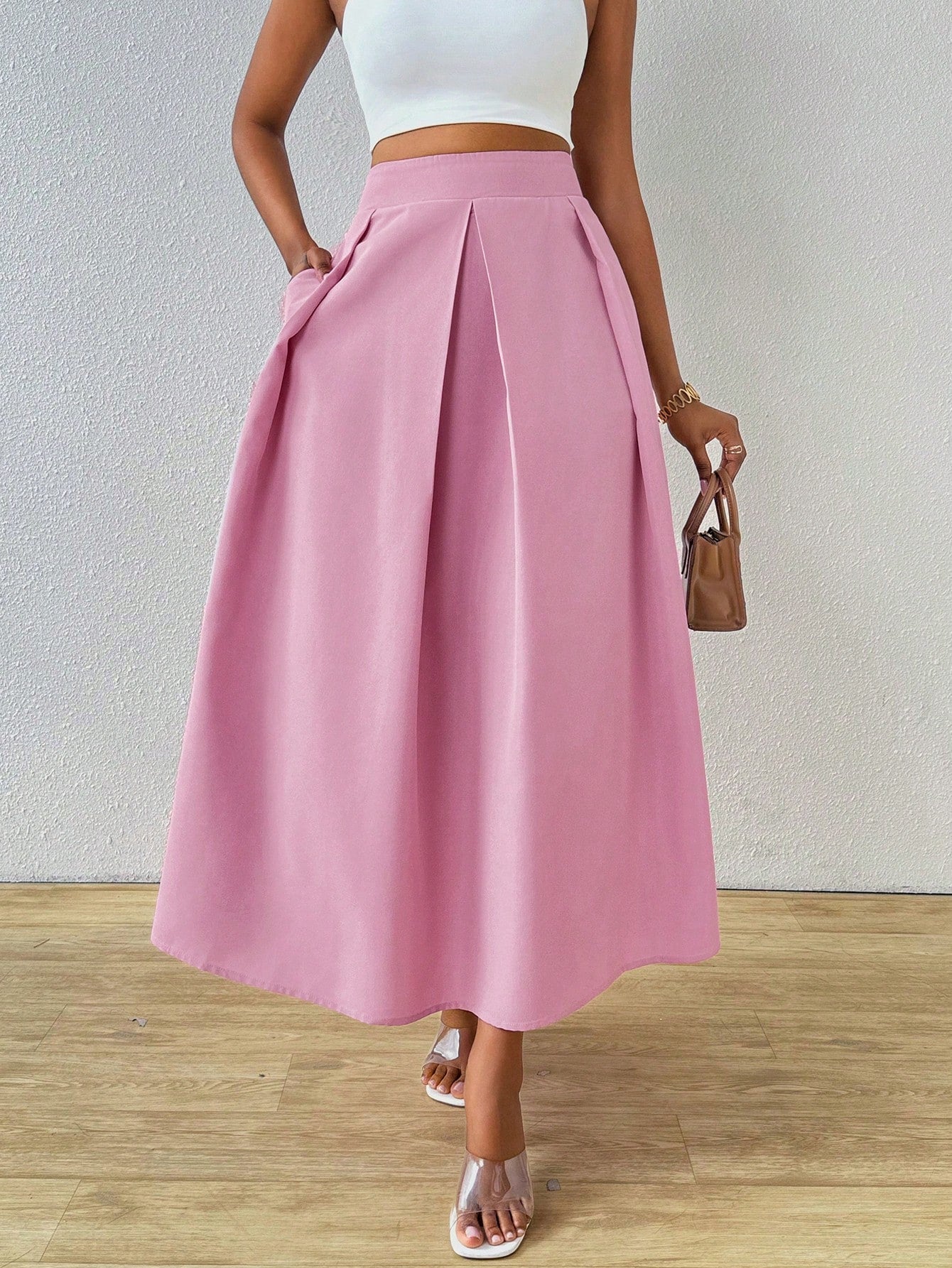 Lady Elegant High Waist Pleated Skirt With Big Swing For Women, Summer