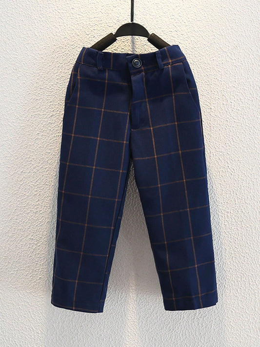 Boys' Suit Pants, Spring & Autumn Casual Blue Checked Straight Pants For Elementary School Students