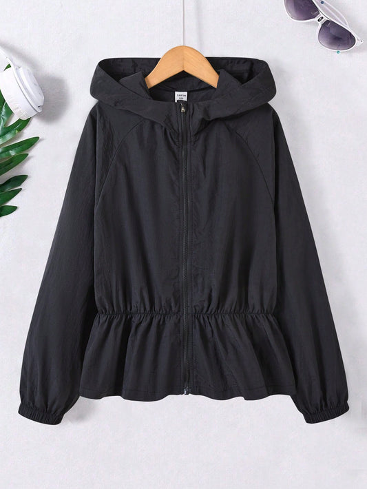 Tween Girl Raglan Sleeve Ruffle Hem Hooded Trench Jacket